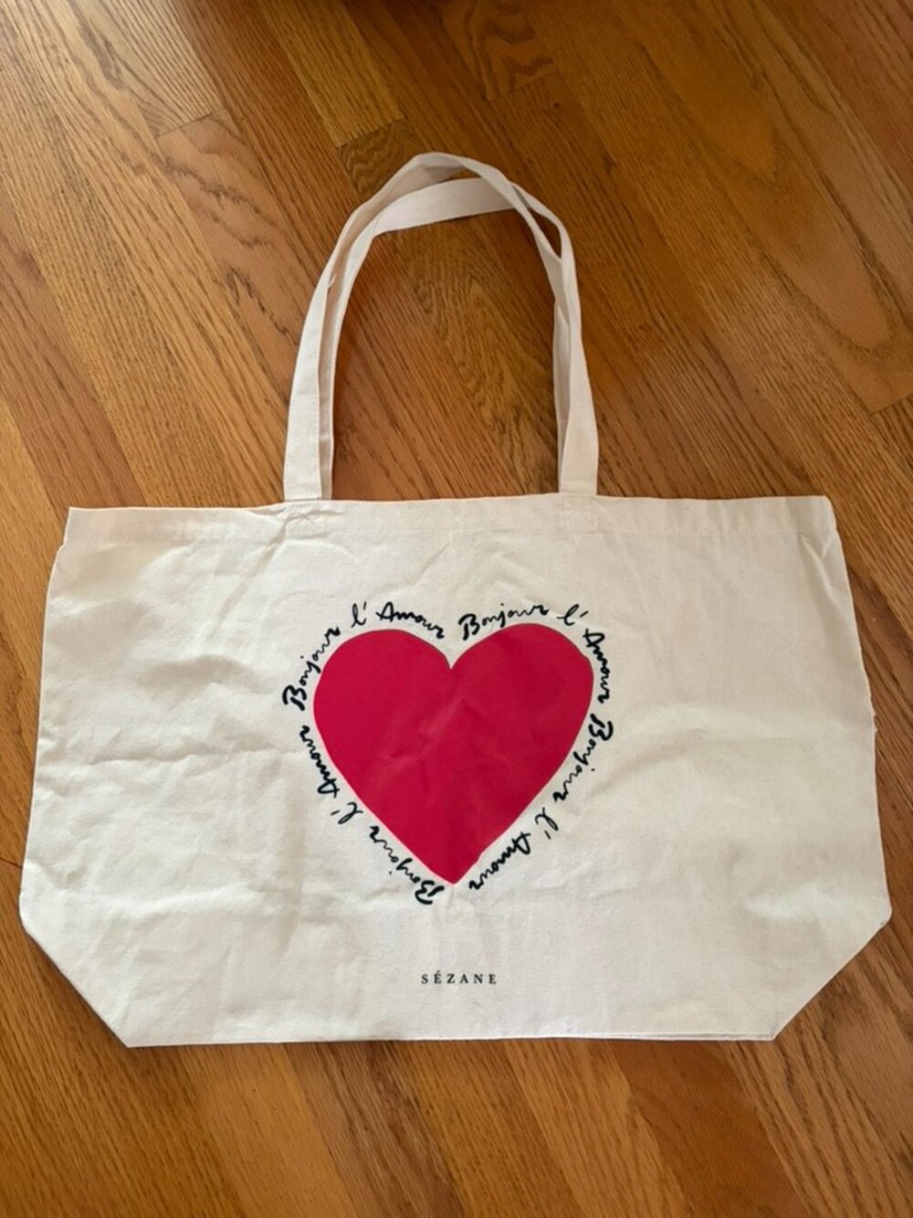 Sézane Canvas Tote Bag Bonjour l'Amour Red Heart Graphic Print